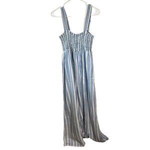 Tractr Blue & White Striped jumpsuit With Smocked Bodice & Adjustable Straps